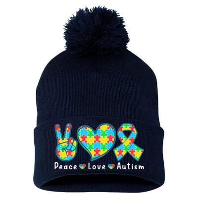 Peace Love Autism In April For Autism Awareness Pom Pom 12in Knit Beanie