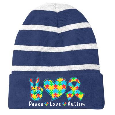 Peace Love Autism In April For Autism Awareness Striped Beanie with Solid Band