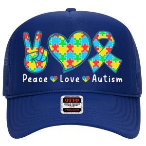 Peace Love Autism In April For Autism Awareness High Crown Mesh Back Trucker Hat