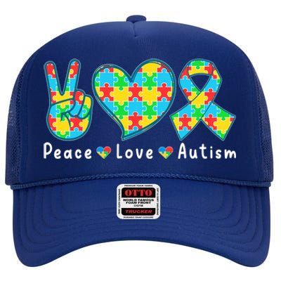 Peace Love Autism In April For Autism Awareness High Crown Mesh Back Trucker Hat