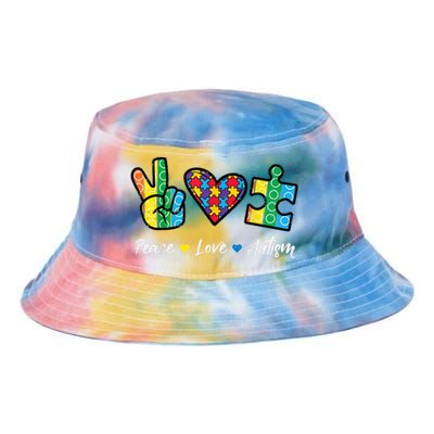 Peace Love Autism Puzzle Awareness Autistic Tie Dye Newport Bucket Hat