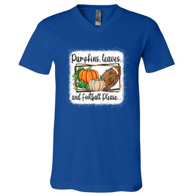 Pumpkin Leaves And Football Please Leopard Fall Vibes Gift V-Neck T-Shirt