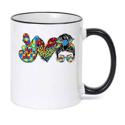 Peace Love Autism Mom Life Messy Bun Blue Autism Awareness Meaningful Gift 11oz Black Color Changing Mug