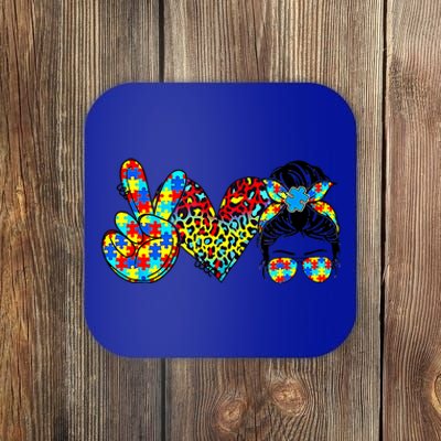 Peace Love Autism Mom Life Messy Bun Blue Autism Awareness Meaningful Gift Coaster