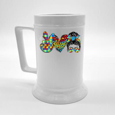 Peace Love Autism Mom Life Messy Bun Blue Autism Awareness Meaningful Gift Beer Stein