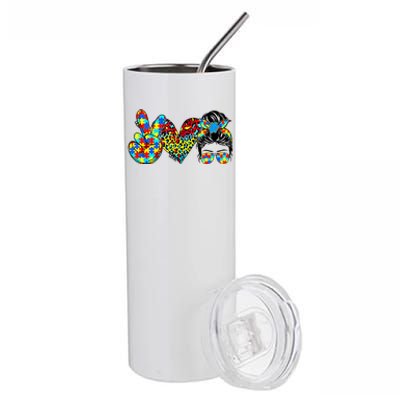 Peace Love Autism Mom Life Messy Bun Blue Autism Awareness Meaningful Gift Stainless Steel Tumbler