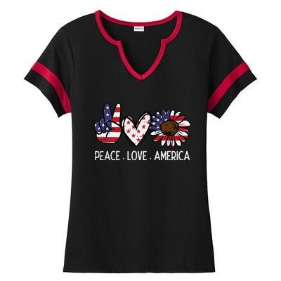 Peace Love America US Flag Fourth Wo 4th Of July Patriot Ladies Halftime Notch Neck Tee