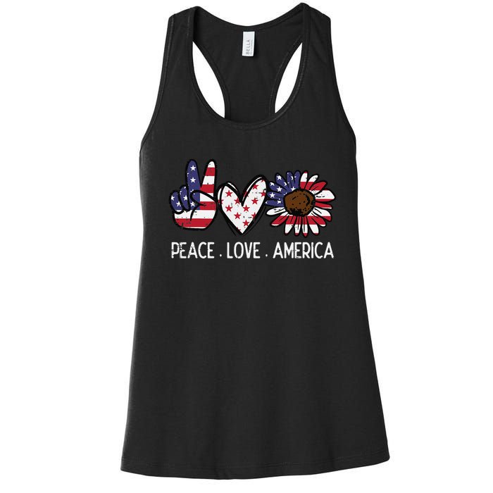 Peace Love America US Flag Fourth Wo 4th Of July Patriot Women's Racerback Tank