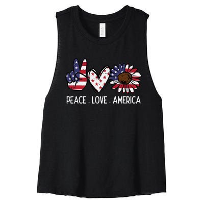 Peace Love America US Flag Fourth Wo 4th Of July Patriot Women's Racerback Cropped Tank