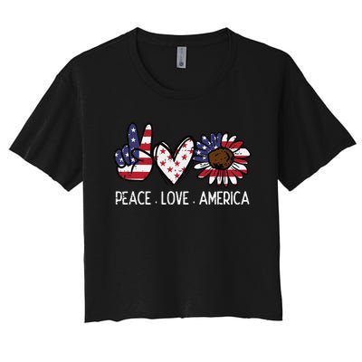 Peace Love America US Flag Fourth Wo 4th Of July Patriot Women's Crop Top Tee