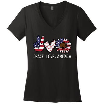 Peace Love America US Flag Fourth Wo 4th Of July Patriot Women's V-Neck T-Shirt