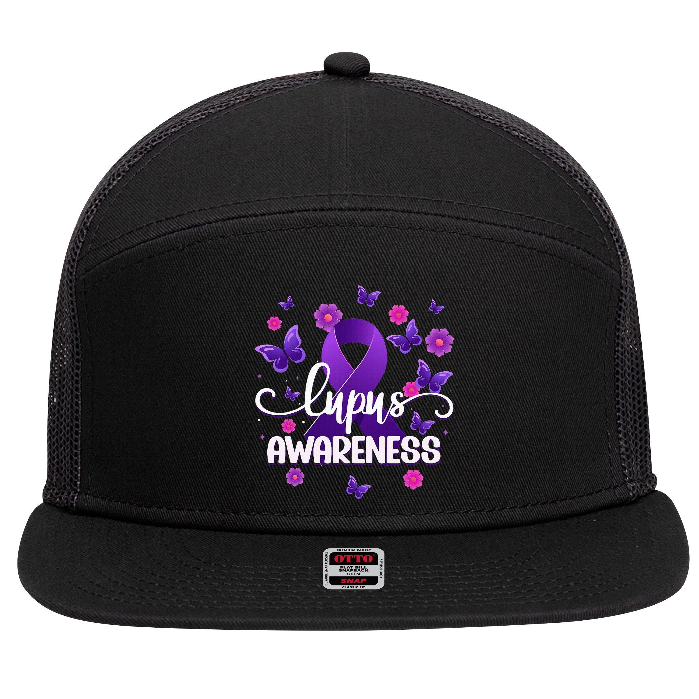 Purple Lupus Awareness Ribbon Purple Butterflies Lupus 7 Panel Mesh Trucker Snapback Hat