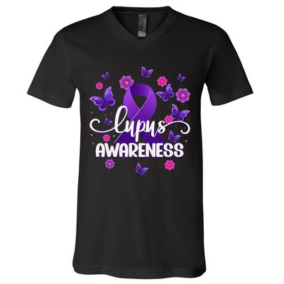 Purple Lupus Awareness Ribbon Purple Butterflies Lupus V-Neck T-Shirt