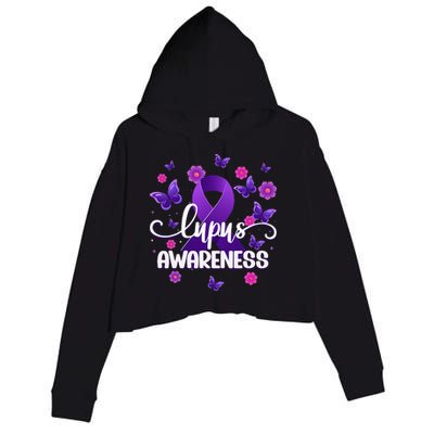 Purple Lupus Awareness Ribbon Purple Butterflies Lupus Crop Fleece Hoodie