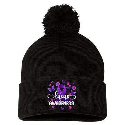 Purple Lupus Awareness Ribbon Purple Butterflies Lupus Pom Pom 12in Knit Beanie