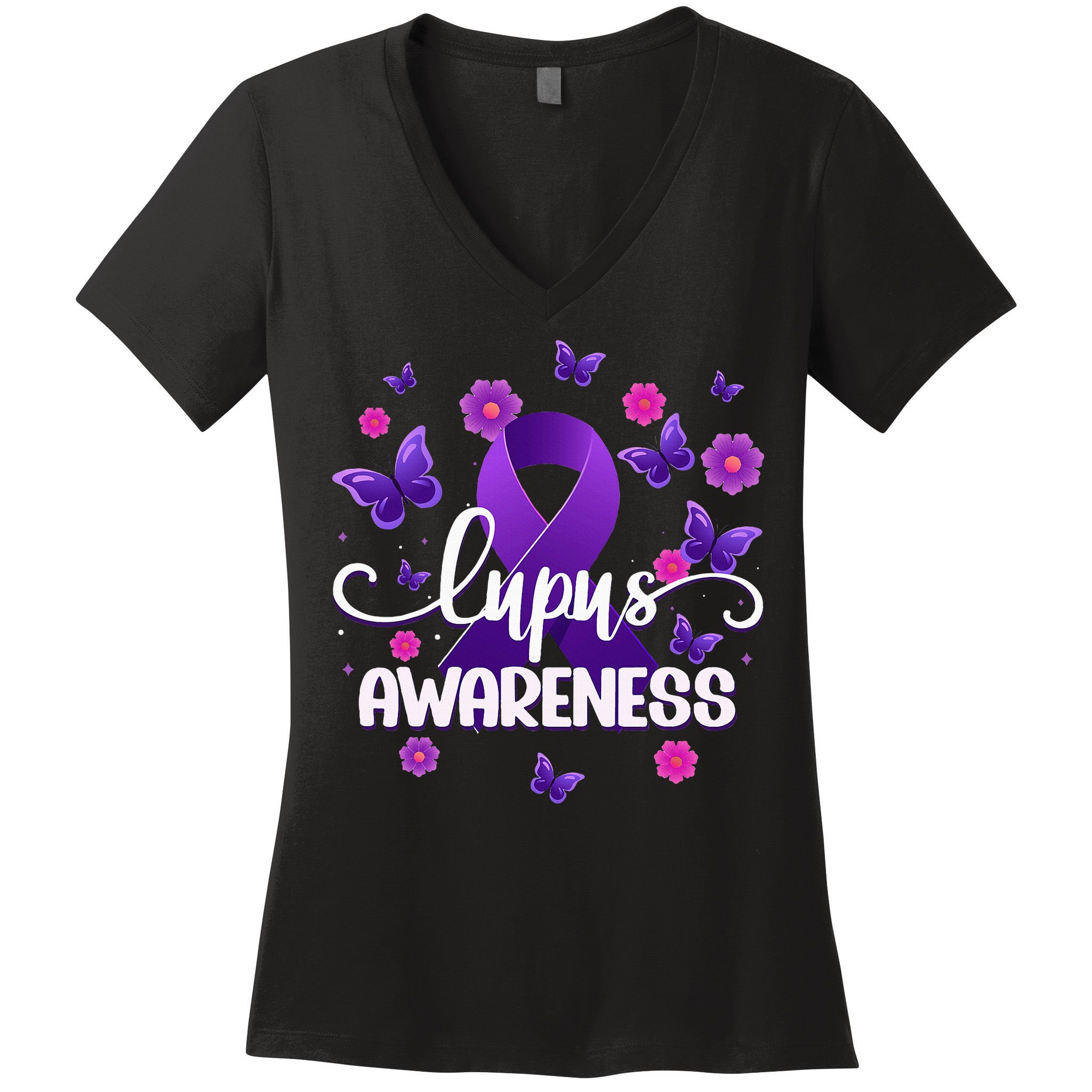 Purple Lupus Awareness Ribbon Purple Butterflies Lupus Women's V-Neck T-Shirt