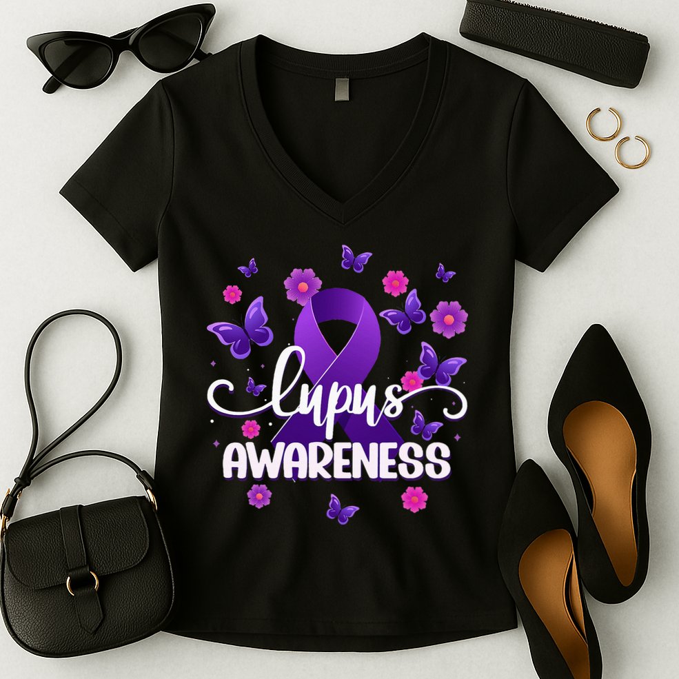 Purple Lupus Awareness Ribbon Purple Butterflies Lupus Women's V-Neck T-Shirt