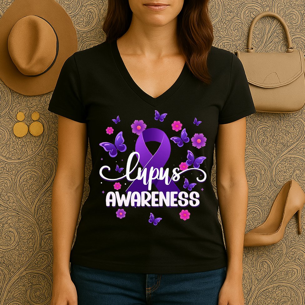Purple Lupus Awareness Ribbon Purple Butterflies Lupus Women's V-Neck T-Shirt