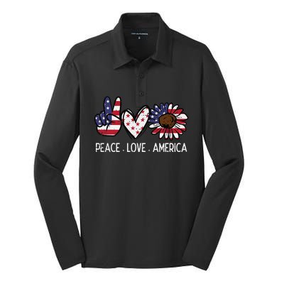 Peace Love America US Flag Fourth Wo 4th Of July Patriot Silk Touch Performance Long Sleeve Polo