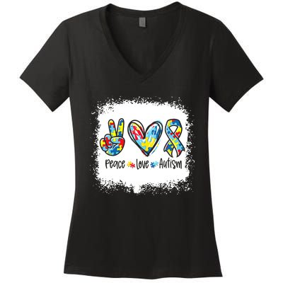 Peace Love Autism In April We Wear For Autism Awareness Women's V-Neck T-Shirt