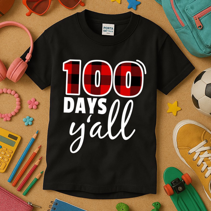 Plaid 100 Days Y'all Funny 100th Day Of School Kids T-Shirt