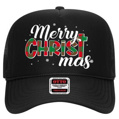 Plaid Merry Christmas Christ High Crown Mesh Back Trucker Hat