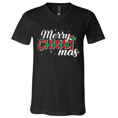 Plaid Merry Christmas Christ V-Neck T-Shirt