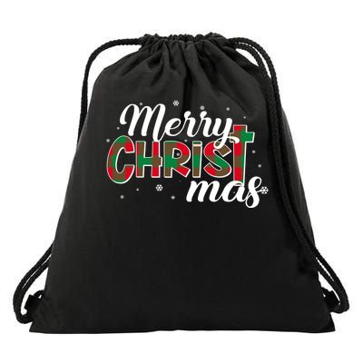 Plaid Merry Christmas Christ Drawstring Bag