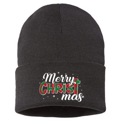 Plaid Merry Christmas Christ Sustainable Knit Beanie