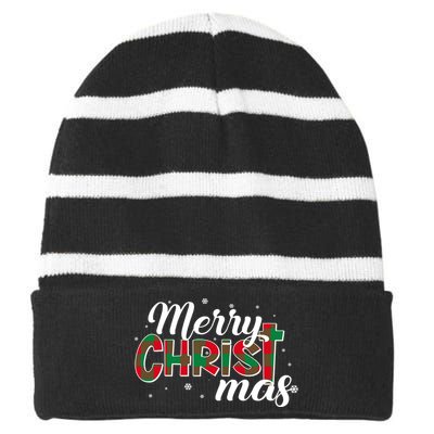 Plaid Merry Christmas Christ Striped Beanie with Solid Band