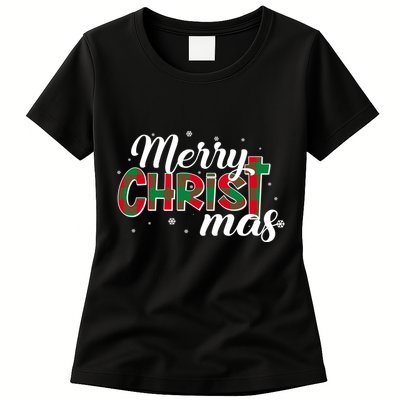 Plaid Merry Christmas Christ Womens T-Shirt
