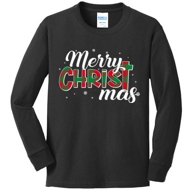 Plaid Merry Christmas Christ Kids Long Sleeve Shirt