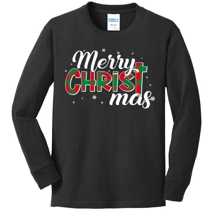 Plaid Merry Christmas Christ Kids Long Sleeve Shirt