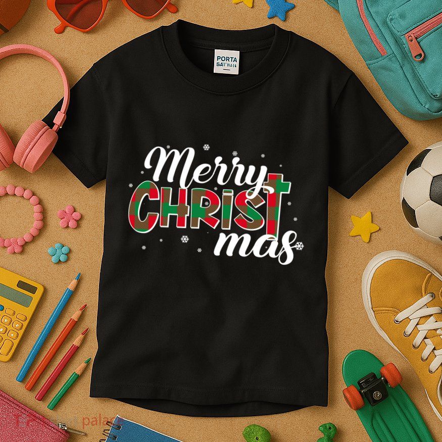 Plaid Merry Christmas Christ Kids T-Shirt