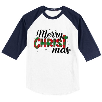 Plaid Merry Christmas Christ Baseball Sleeve Shirt