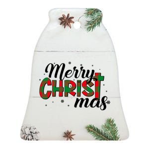 Plaid Merry Christmas Christ Ceramic Bell Ornament