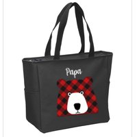 Plaid Pattern Papa Bear Zip Tote Bag