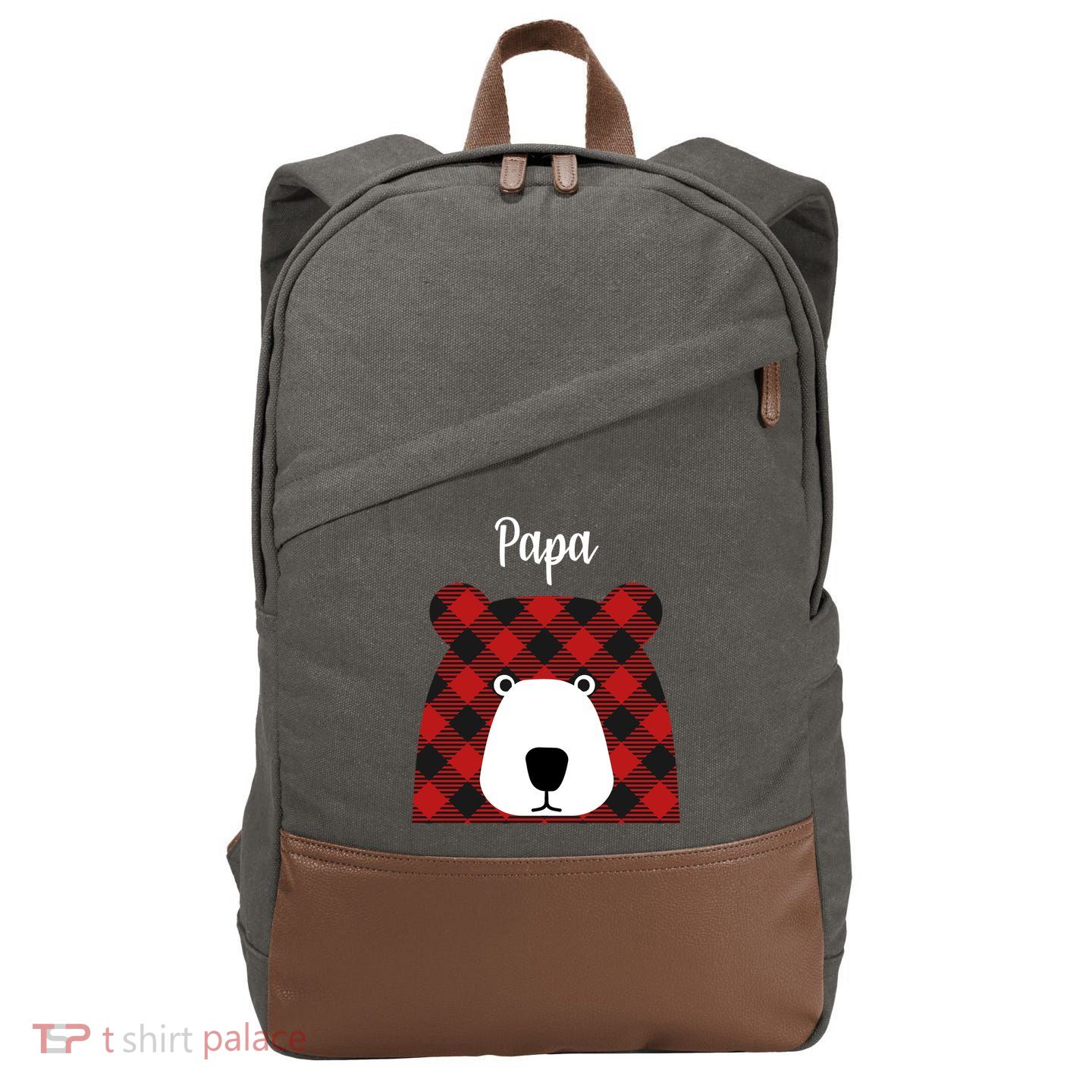 Plaid Pattern Papa Bear Cotton Canvas Backpack