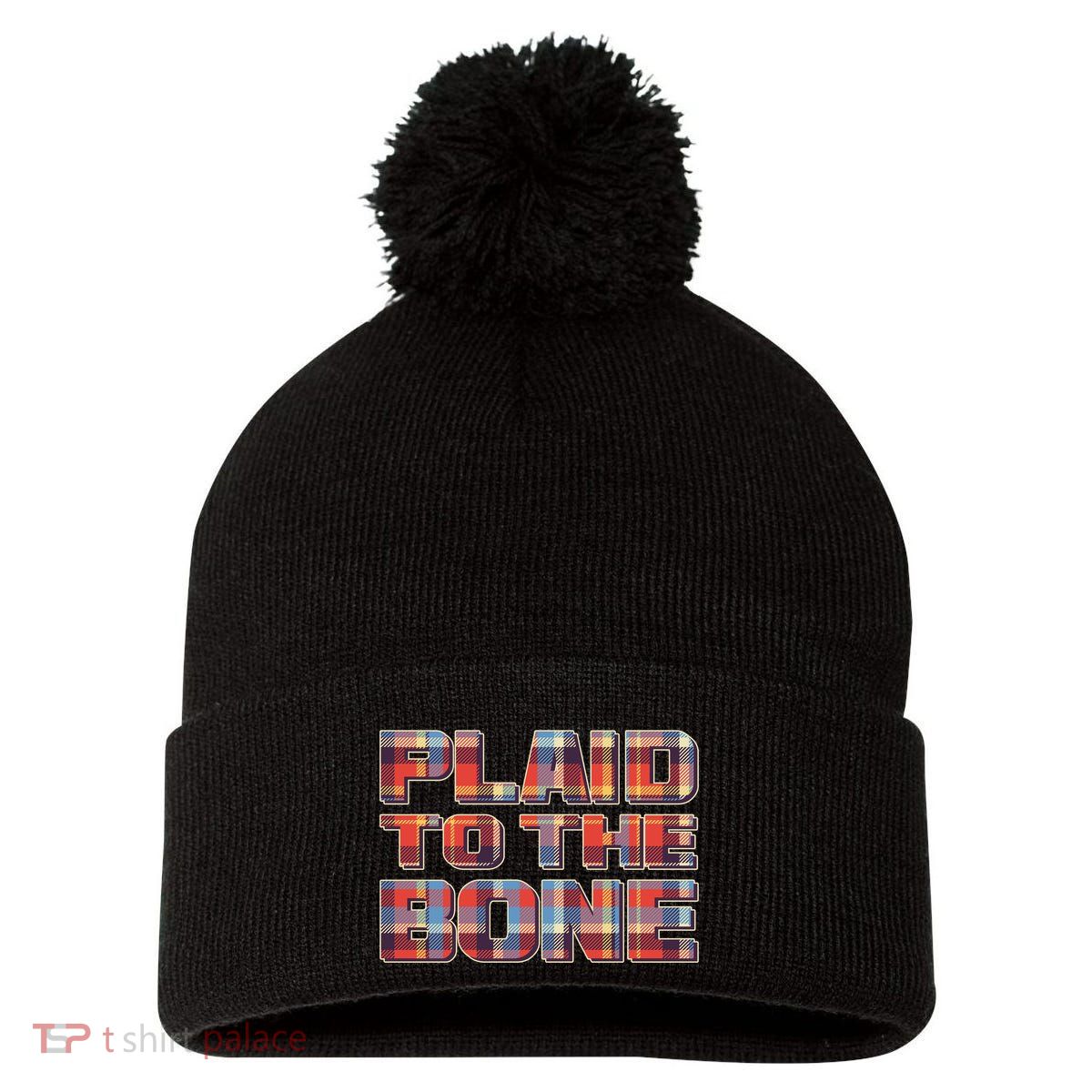 Plaid To The Bone Pom Pom 12in Knit Beanie