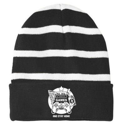 Play Games And Stay Home Striped Beanie with Solid Band