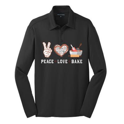 Peace Love Bake Baking Cupcake Baker Gifts Men Women Silk Touch Performance Long Sleeve Polo