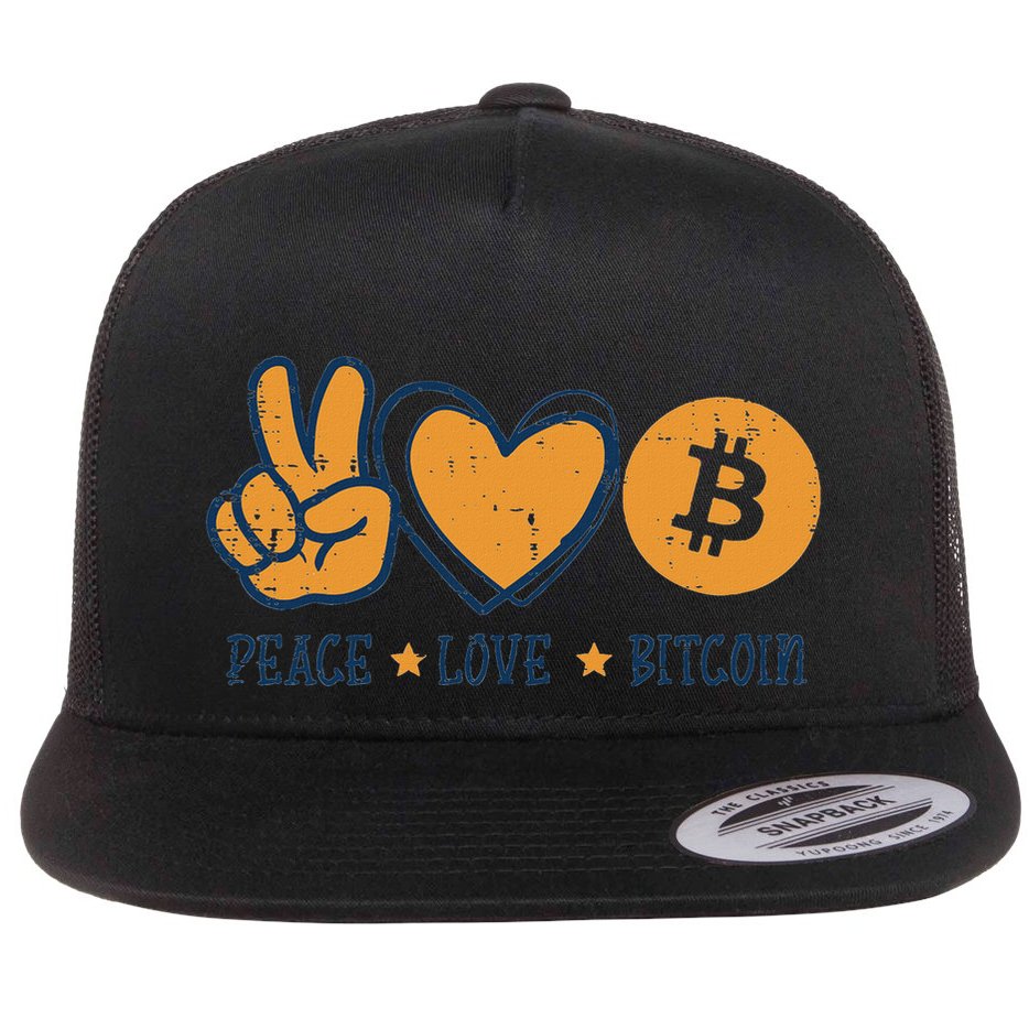 Peace Love Bitcoin Crypto Cryptocurrency Hippie Flat Bill Trucker Hat
