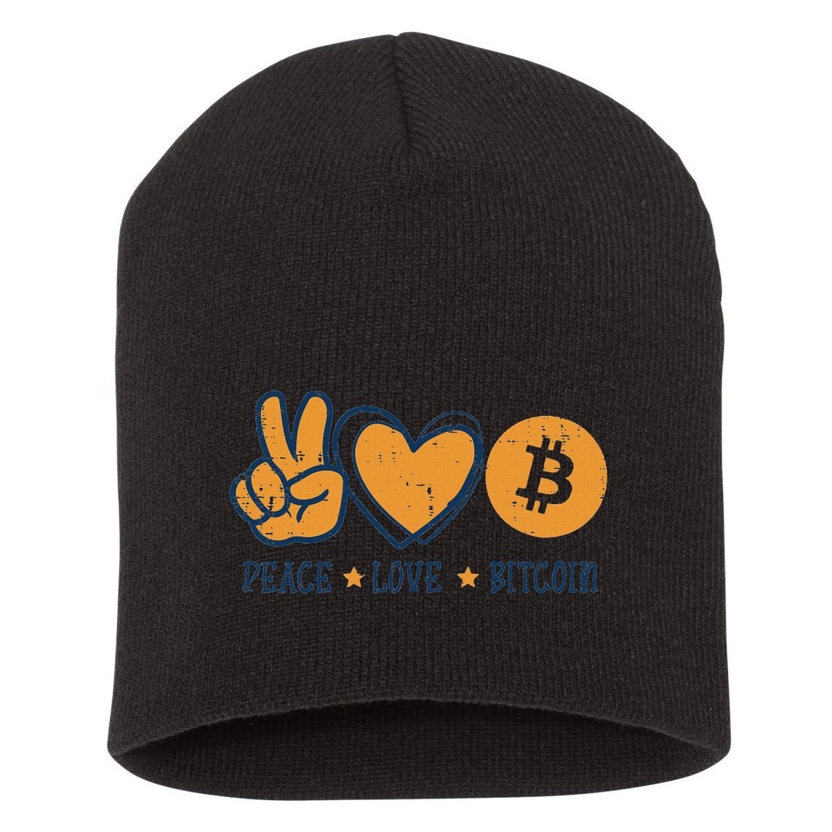 Peace Love Bitcoin Crypto Cryptocurrency Hippie Short Acrylic Beanie