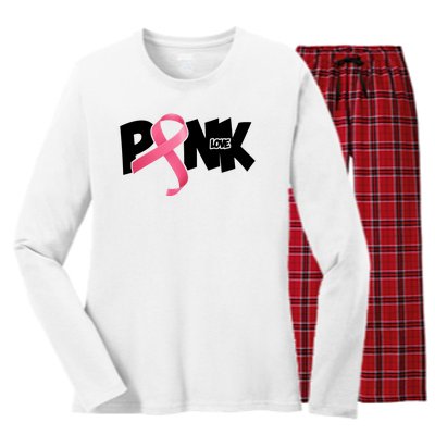 Pink Love Breast Cancer Ribbon Women's Long Sleeve Flannel Pajama Set 