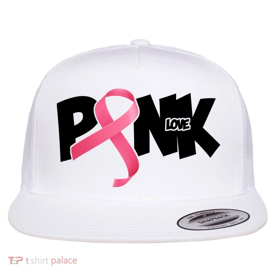 Pink Love Breast Cancer Ribbon Flat Bill Trucker Hat
