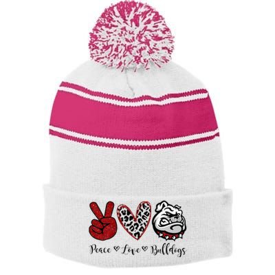 Peace Love Bulldogs Stripe Pom Pom Beanie