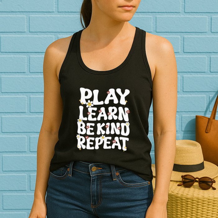 Play Learn Be Kind Repeat Groovy Unity Day Orange Teacher Womens Tank Top