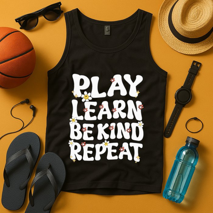 Play Learn Be Kind Repeat Groovy Unity Day Orange Teacher Tank Top