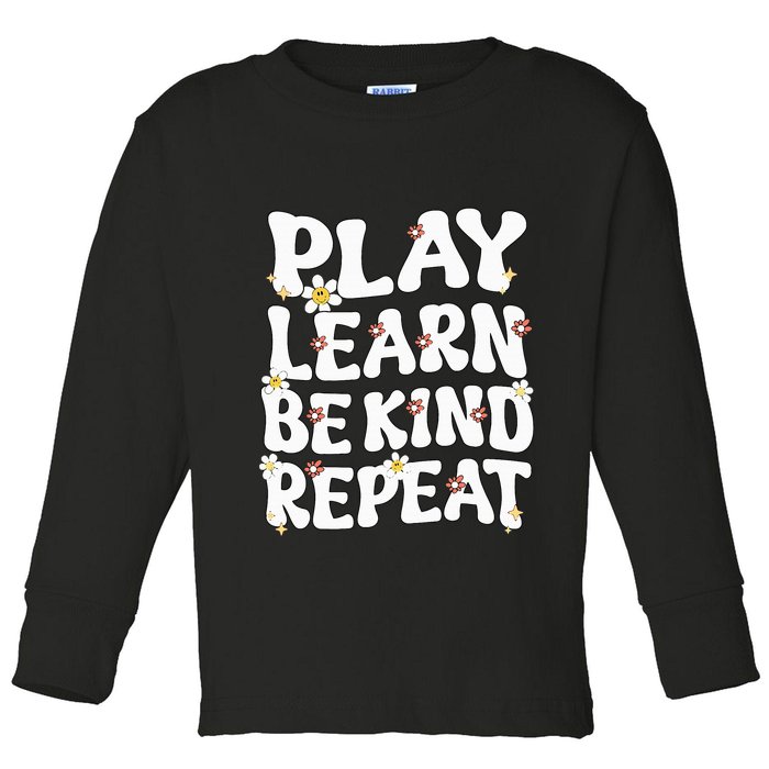 Play Learn Be Kind Repeat Groovy Unity Day Orange Teacher Toddler Long Sleeve Shirt