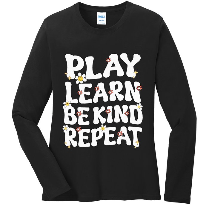 Play Learn Be Kind Repeat Groovy Unity Day Orange Teacher Ladies Long Sleeve Shirt